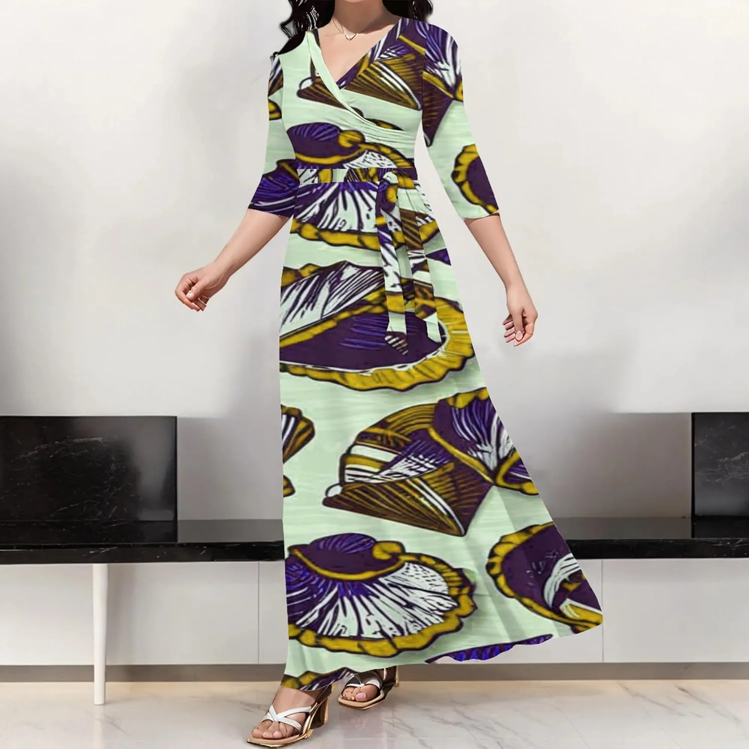 Summer Trendy Wrap Dresses for Women Sexy Bodycon 3/4 Sleeves Flowy A-Line Boho Beach Tie Dye Plus Size Maxi Dress with Belt