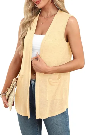 Summer Vest for Women Lightweight Fashion Casual Soft Knit Sleeveless Cardigan Curved Hem with Cozy Pockets (S-3XL)