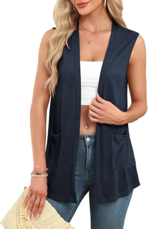 Summer Vest for Women Lightweight Fashion Casual Soft Knit Sleeveless Cardigan Curved Hem with Cozy Pockets (S-3XL)