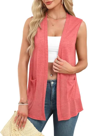 Summer Vest for Women Lightweight Fashion Casual Soft Knit Sleeveless Cardigan Curved Hem with Cozy Pockets (S-3XL)