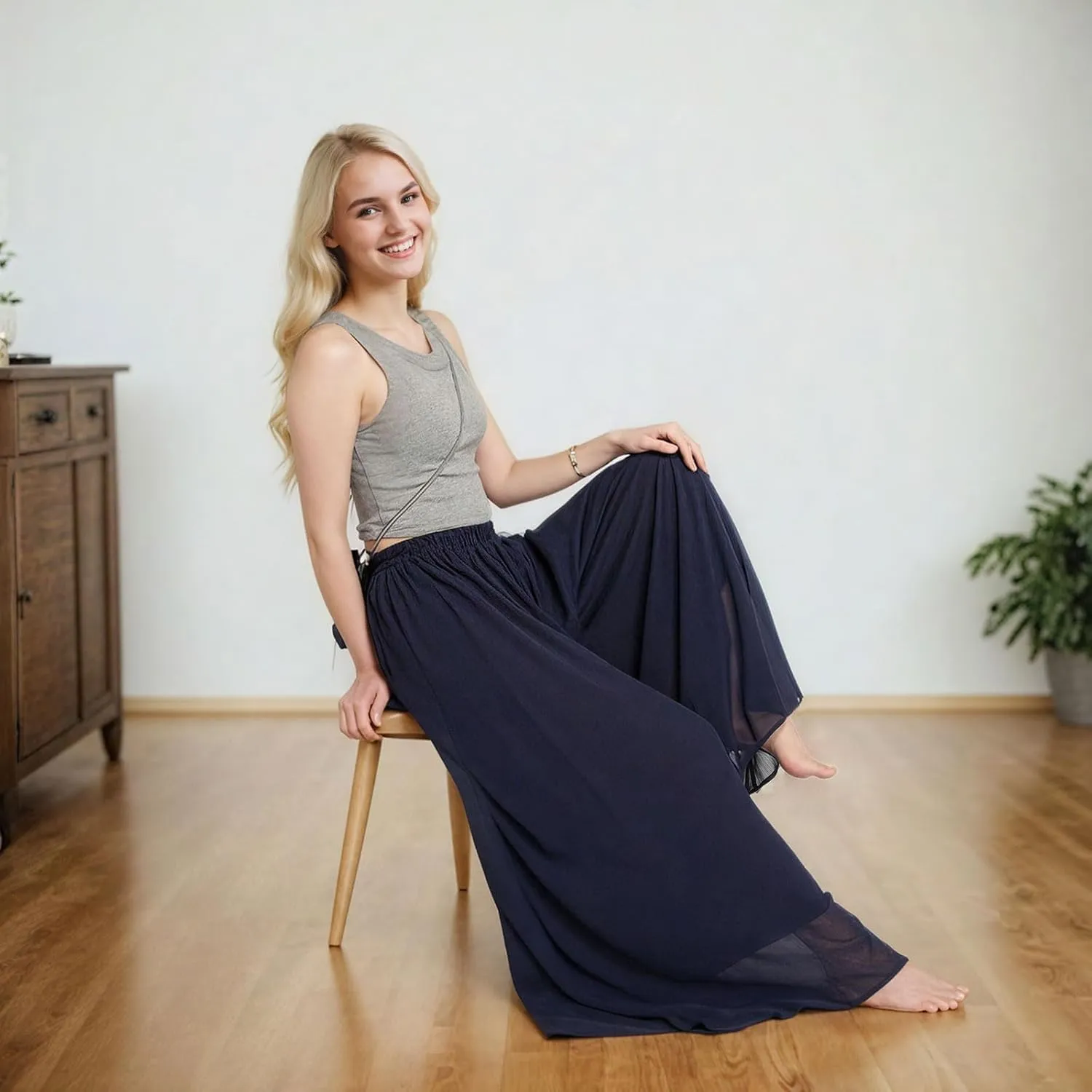 Summer Women's Chiffon Wide Leg Pants Elastic Waist Lightweight Beach Palazzo Trousers for Vacation