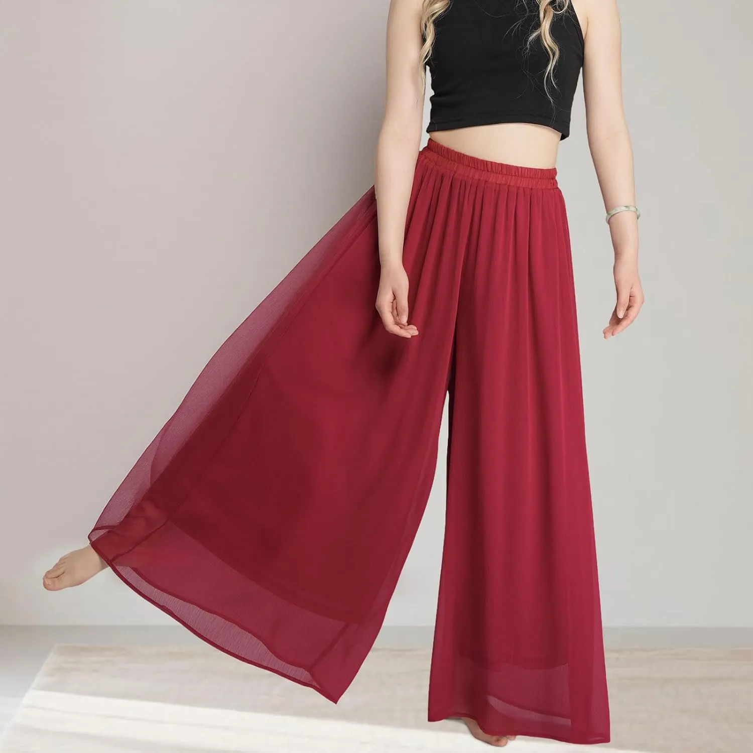 Summer Women's Chiffon Wide Leg Pants Elastic Waist Lightweight Beach Palazzo Trousers for Vacation