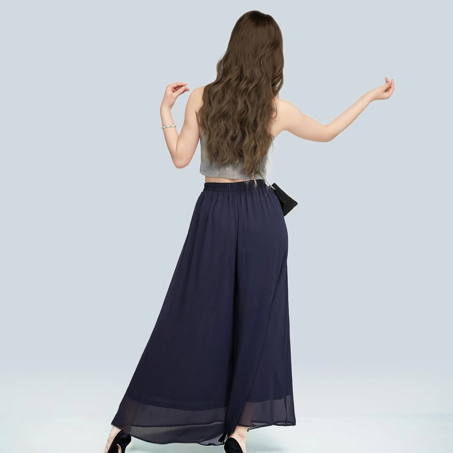 Summer Women's Chiffon Wide Leg Pants Elastic Waist Lightweight Beach Palazzo Trousers for Vacation