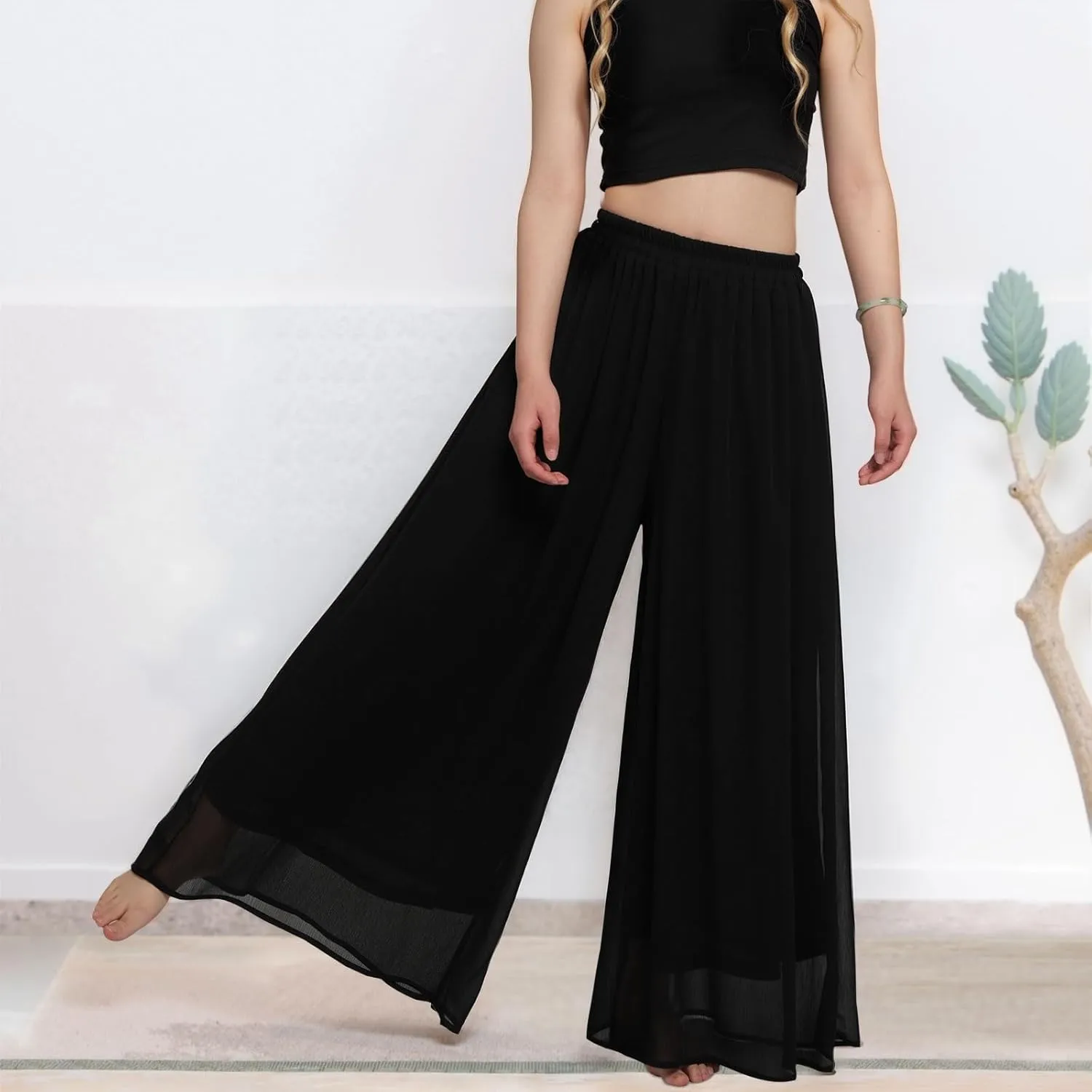 Summer Women's Chiffon Wide Leg Pants Elastic Waist Lightweight Beach Palazzo Trousers for Vacation
