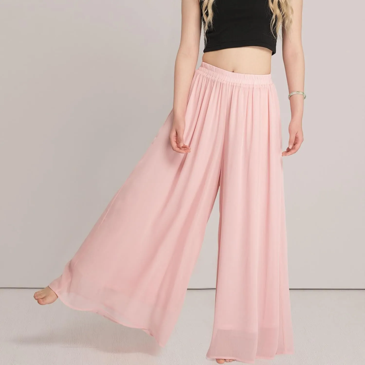 Summer Women's Chiffon Wide Leg Pants Elastic Waist Lightweight Beach Palazzo Trousers for Vacation