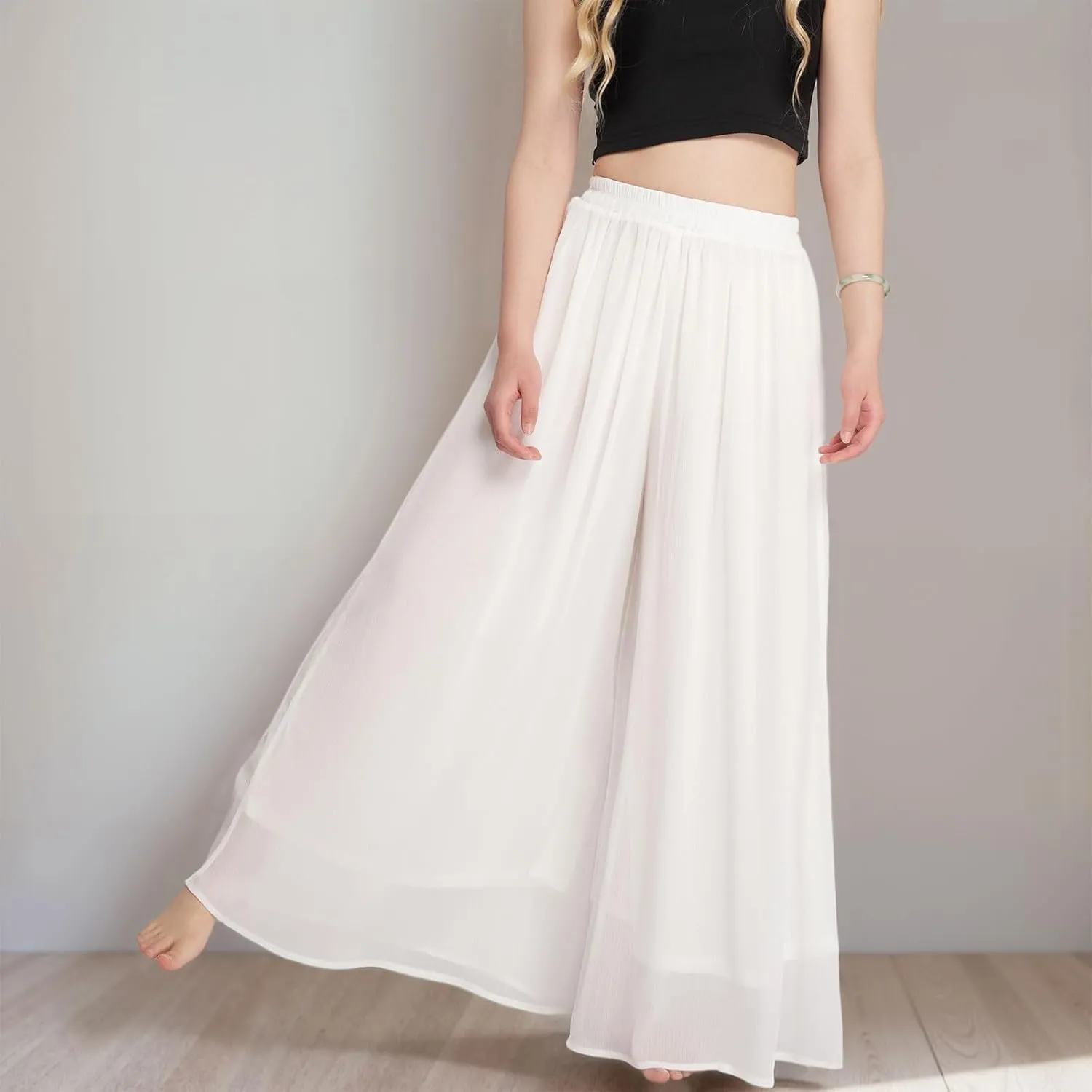 Summer Women's Chiffon Wide Leg Pants Elastic Waist Lightweight Beach Palazzo Trousers for Vacation