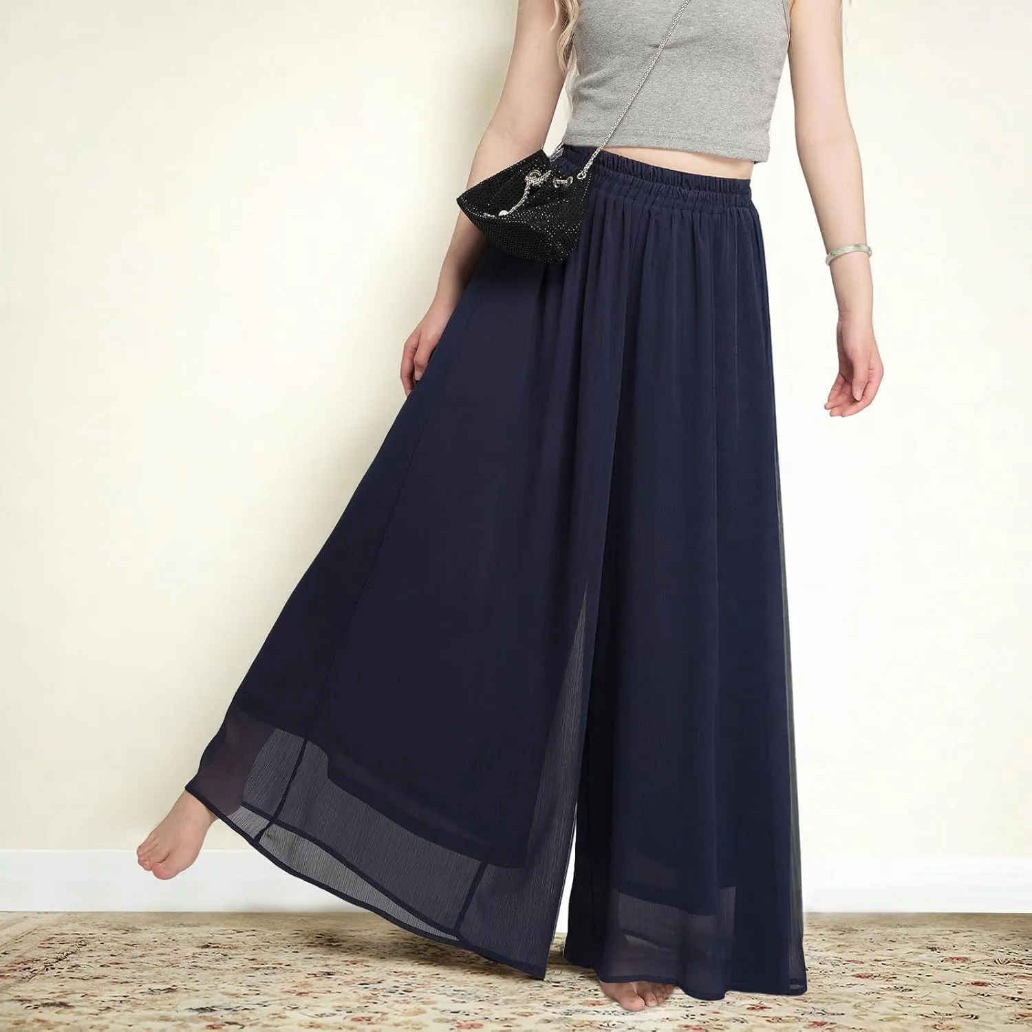 Summer Women's Chiffon Wide Leg Pants Elastic Waist Lightweight Beach Palazzo Trousers for Vacation