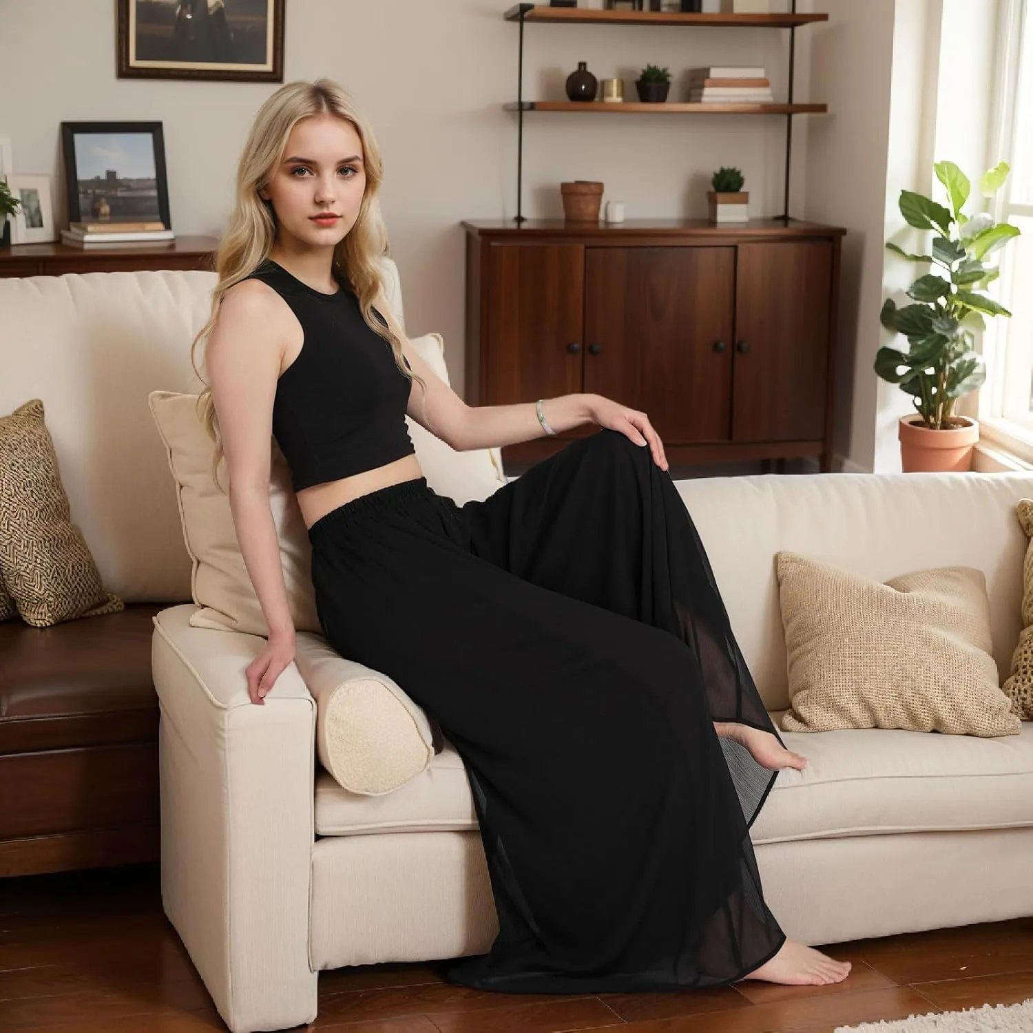Summer Women's Chiffon Wide Leg Pants Elastic Waist Lightweight Beach Palazzo Trousers for Vacation