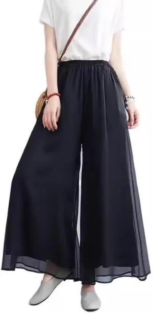 Summer Women's Chiffon Wide Leg Pants Elastic Waist Lightweight Beach Palazzo Trousers for Vacation