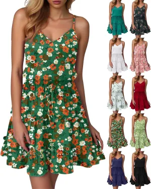 Sundresses for Women 2025 Summer V-Neck Spaghetti Strap Waist Tie Mini Dresses Tiered Ruffle Flowy Cute Skater Dress
