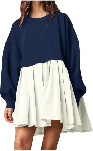 Sweatshirts Dress for Women Fall Long Sleeve Dresses Trendy Pleated Party Dress Casual Mini Dresses 2024
