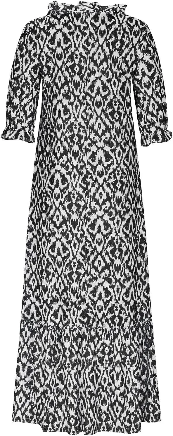 TANGNADE Women Boho Summer Maxi Dress Short Sleeve Tassel V Neck Ruffle Floral Printed Flowy A-Line Beach Travel Dresses