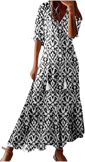 TANGNADE Women Boho Summer Maxi Dress Short Sleeve Tassel V Neck Ruffle Floral Printed Flowy A-Line Beach Travel Dresses