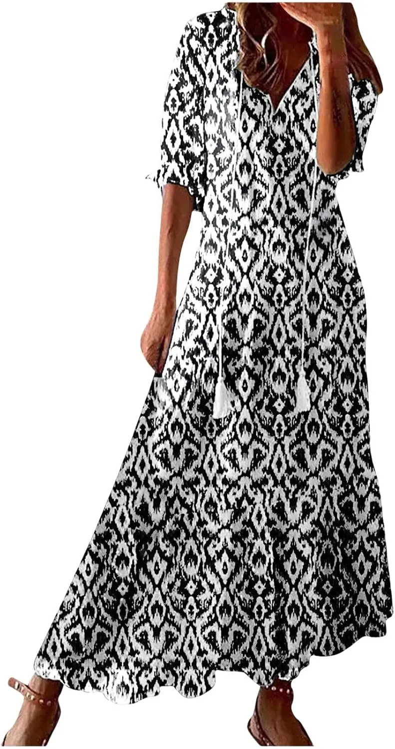 TANGNADE Women Boho Summer Maxi Dress Short Sleeve Tassel V Neck Ruffle Floral Printed Flowy A-Line Beach Travel Dresses