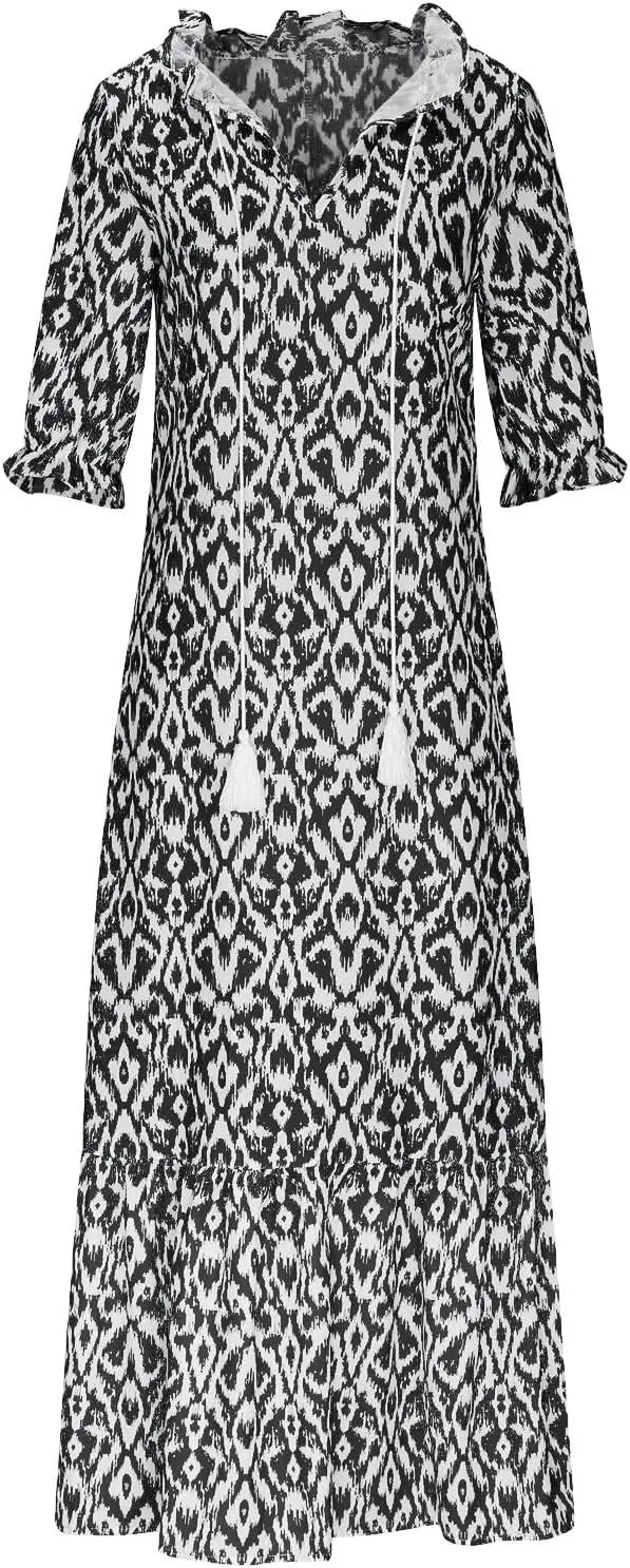 TANGNADE Women Boho Summer Maxi Dress Short Sleeve Tassel V Neck Ruffle Floral Printed Flowy A-Line Beach Travel Dresses