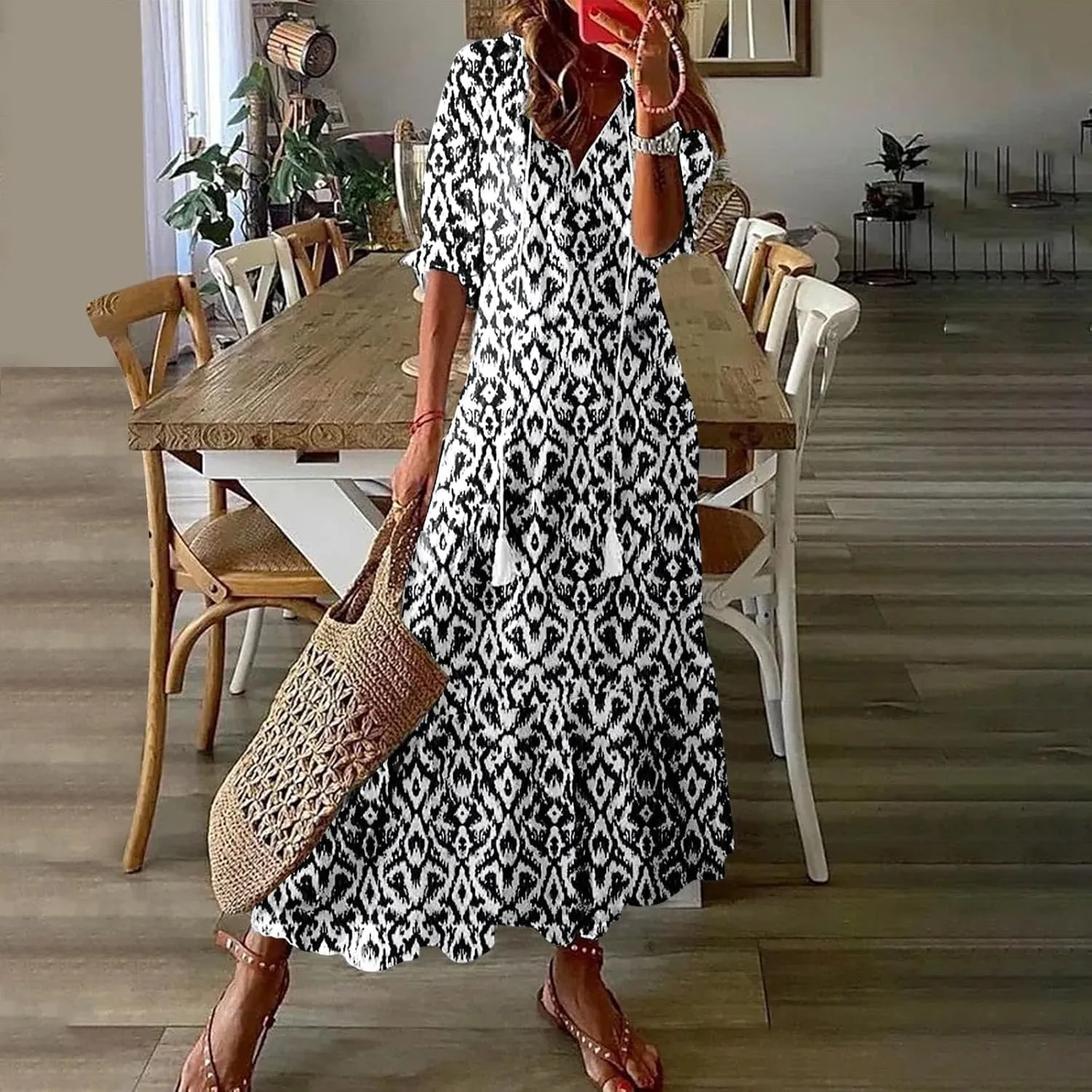 TANGNADE Women Boho Summer Maxi Dress Short Sleeve Tassel V Neck Ruffle Floral Printed Flowy A-Line Beach Travel Dresses