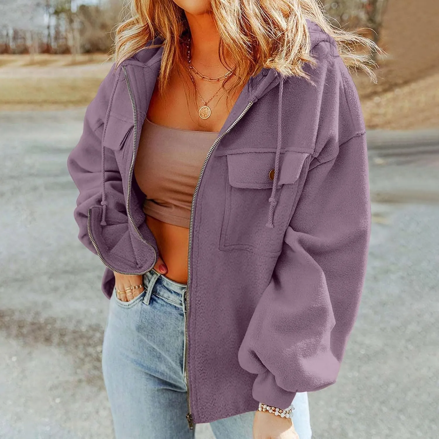TANGNADE Women Zip Up Hoodie Fleece Jacket Oversized Hooded Sweatshirts Long Sleeve Crop Warm Fall Outfits Winter Coat