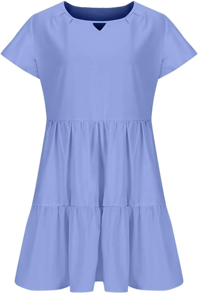 TANGNADE Womens Summer Ruffle Cap Sleeve Mini Dress Tiered Swing V Neck Cute Babydoll Short Beach Sundress Vacation