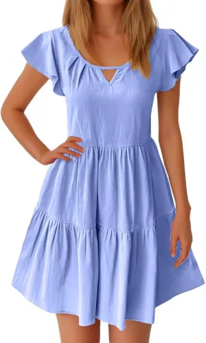 TANGNADE Womens Summer Ruffle Cap Sleeve Mini Dress Tiered Swing V Neck Cute Babydoll Short Beach Sundress Vacation
