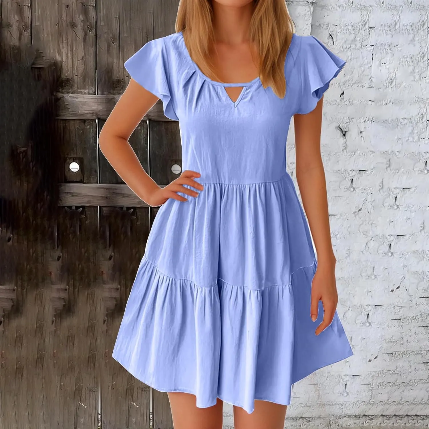 TANGNADE Womens Summer Ruffle Cap Sleeve Mini Dress Tiered Swing V Neck Cute Babydoll Short Beach Sundress Vacation