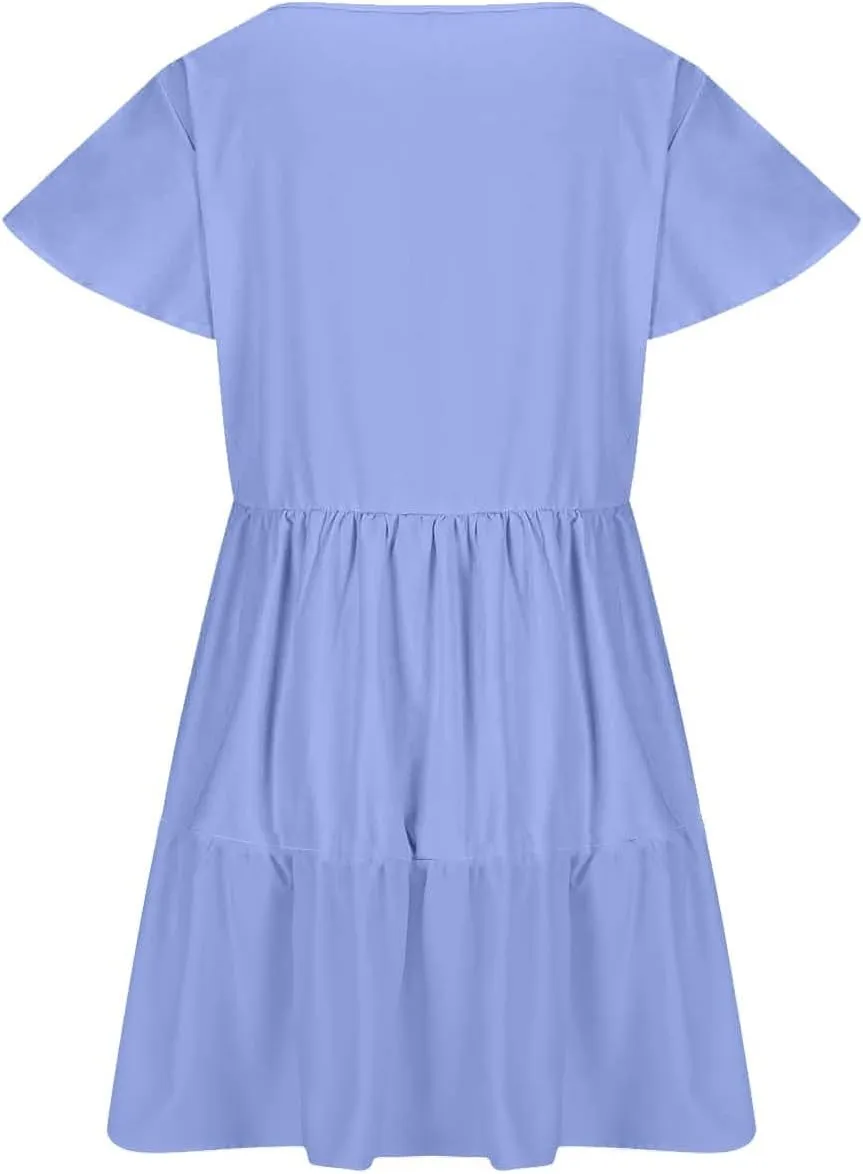 TANGNADE Womens Summer Ruffle Cap Sleeve Mini Dress Tiered Swing V Neck Cute Babydoll Short Beach Sundress Vacation