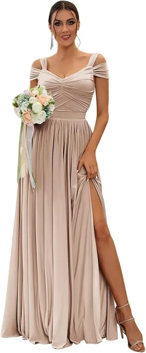 Taupe Off Shoulder Bridesmaid Dress for Women Long Pleated Chiffon A Line Formal Evening Dress with Slit Size 4
