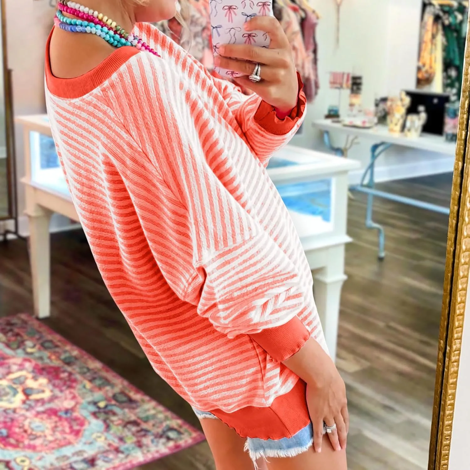Therubyskyboutique Women Cozy Striped Oversized Sweatshirt,Long Sleeve Crewneck Hoodies PulloverY2K Shirt Top