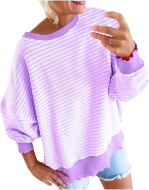 Therubyskyboutique Women Cozy Striped Oversized Sweatshirt,Long Sleeve Crewneck Hoodies PulloverY2K Shirt Top