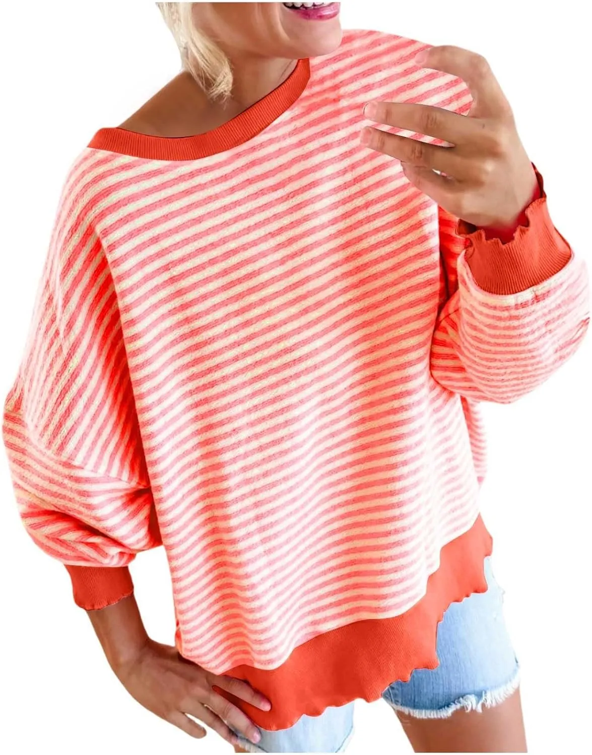Therubyskyboutique Women Cozy Striped Oversized Sweatshirt,Long Sleeve Crewneck Hoodies PulloverY2K Shirt Top