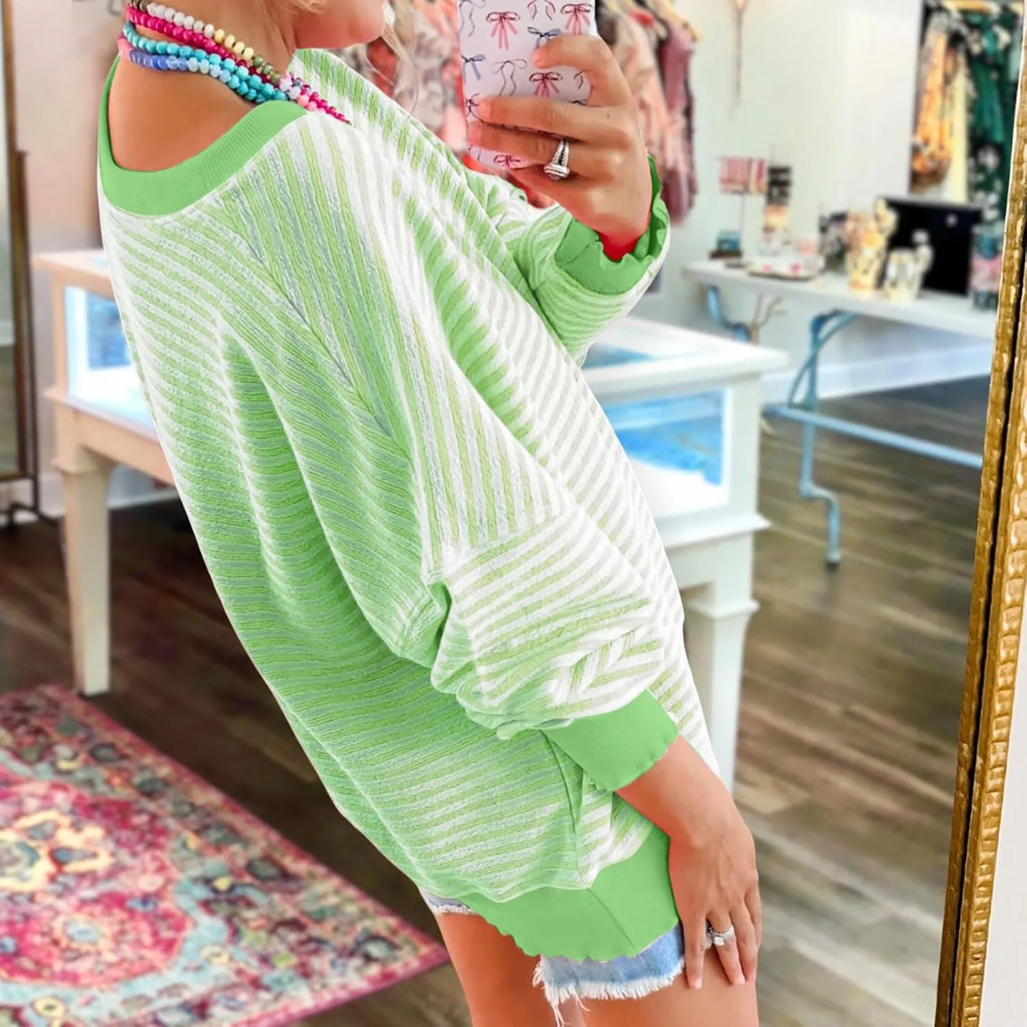 Therubyskyboutique Women Cozy Striped Oversized Sweatshirt,Long Sleeve Crewneck Hoodies PulloverY2K Shirt Top
