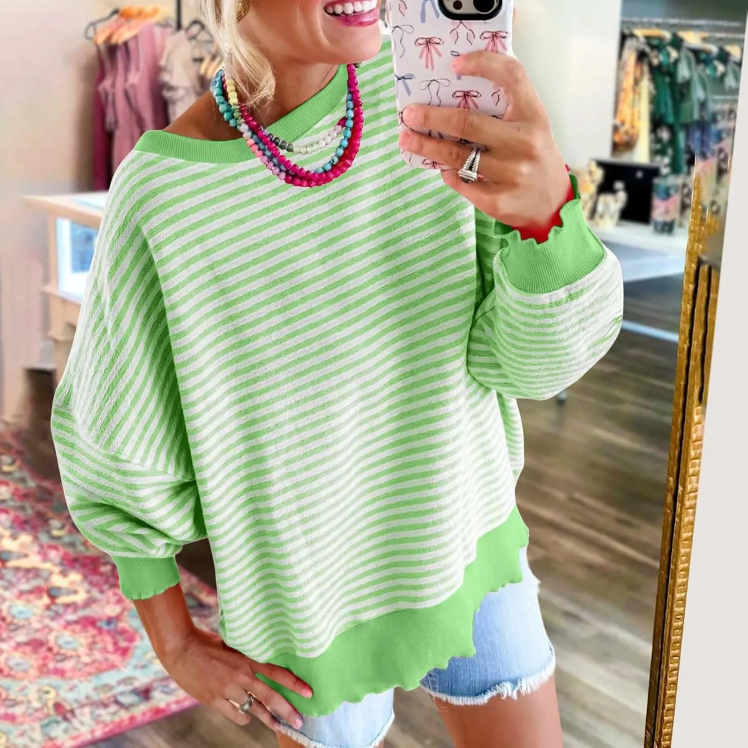 Therubyskyboutique Women Cozy Striped Oversized Sweatshirt,Long Sleeve Crewneck Hoodies PulloverY2K Shirt Top
