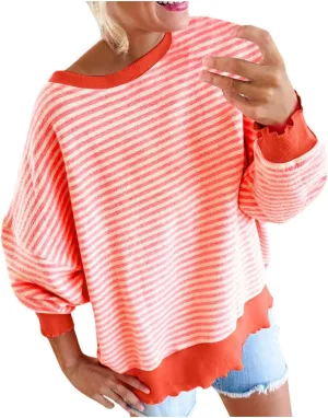 Therubyskyboutique Women Cozy Striped Oversized Sweatshirt,Long Sleeve Crewneck Hoodies PulloverY2K Shirt Top
