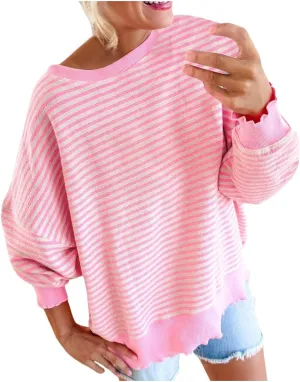 Therubyskyboutique Women Cozy Striped Oversized Sweatshirt,Long Sleeve Crewneck Hoodies PulloverY2K Shirt Top