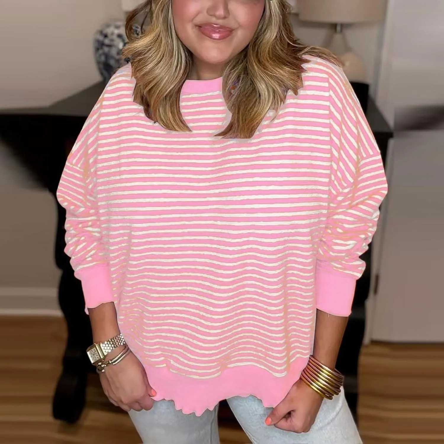 Therubyskyboutique Women Cozy Striped Oversized Sweatshirt,Long Sleeve Crewneck Hoodies PulloverY2K Shirt Top