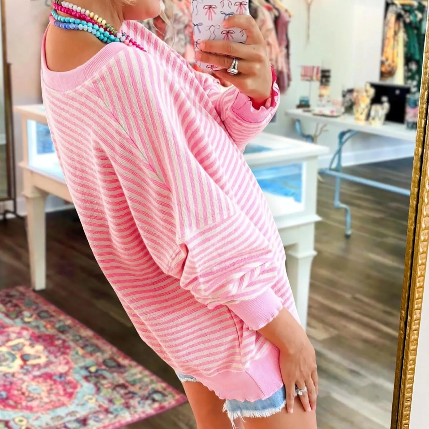 Therubyskyboutique Women Cozy Striped Oversized Sweatshirt,Long Sleeve Crewneck Hoodies PulloverY2K Shirt Top