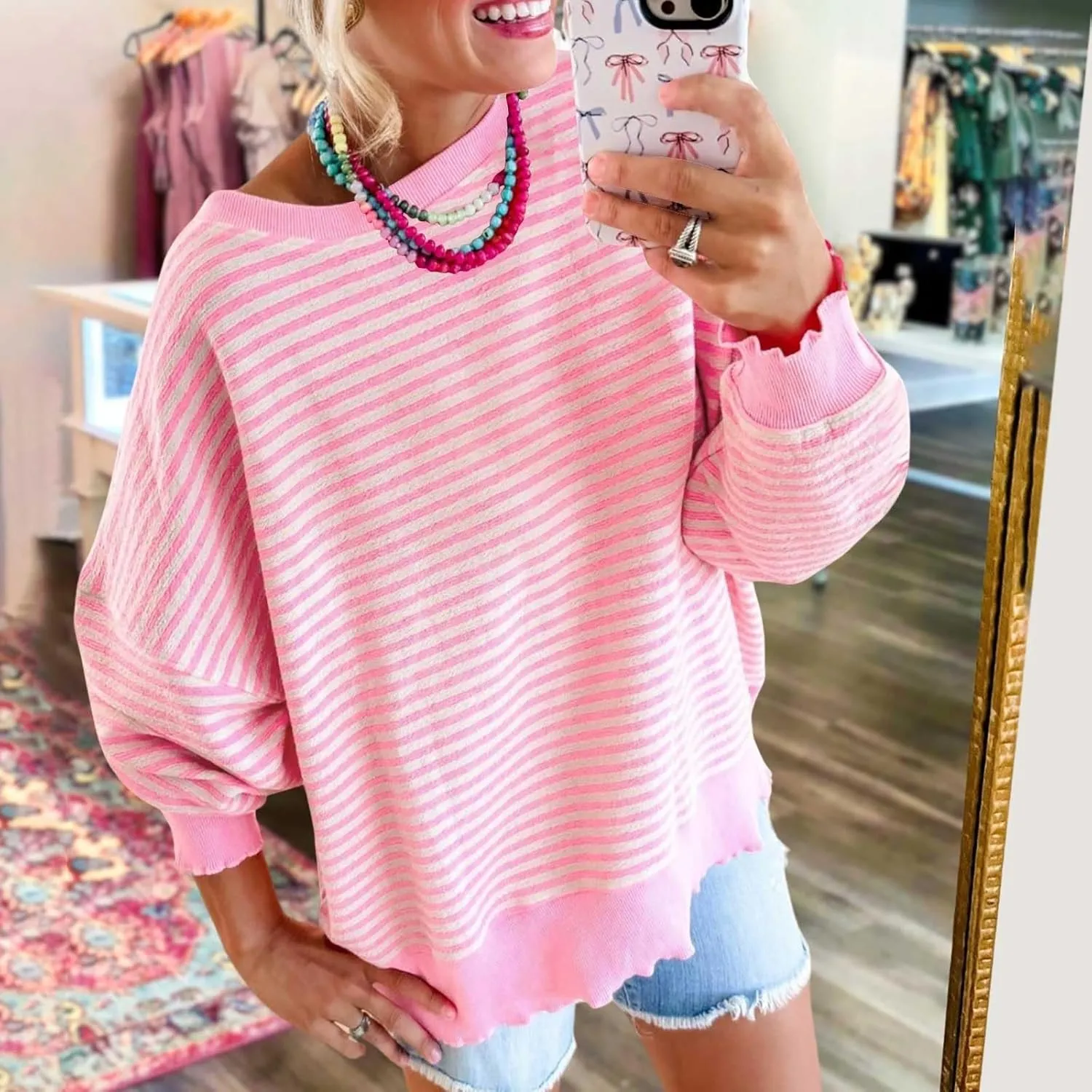 Therubyskyboutique Women Cozy Striped Oversized Sweatshirt,Long Sleeve Crewneck Hoodies PulloverY2K Shirt Top