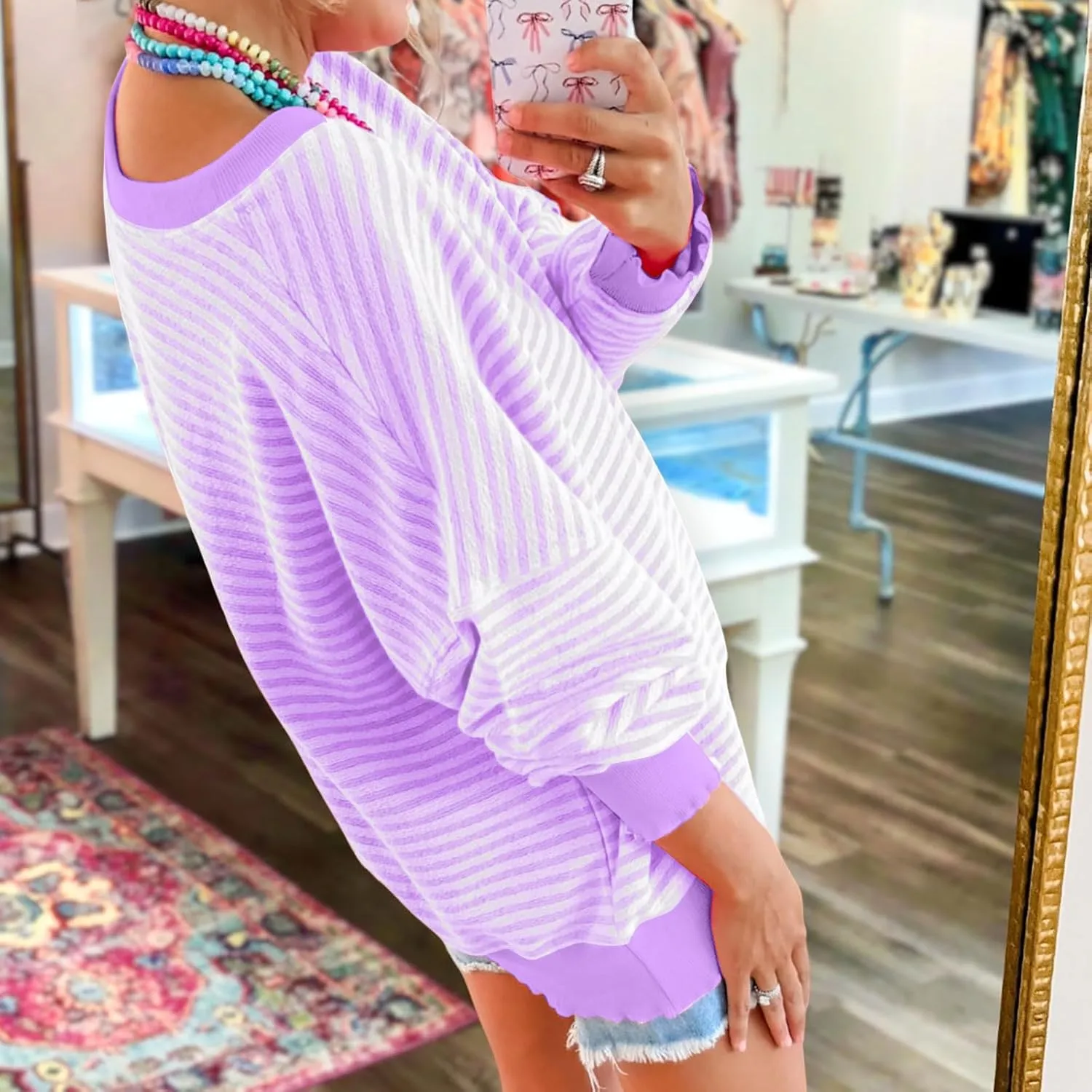 Therubyskyboutique Women Cozy Striped Oversized Sweatshirt,Long Sleeve Crewneck Hoodies PulloverY2K Shirt Top