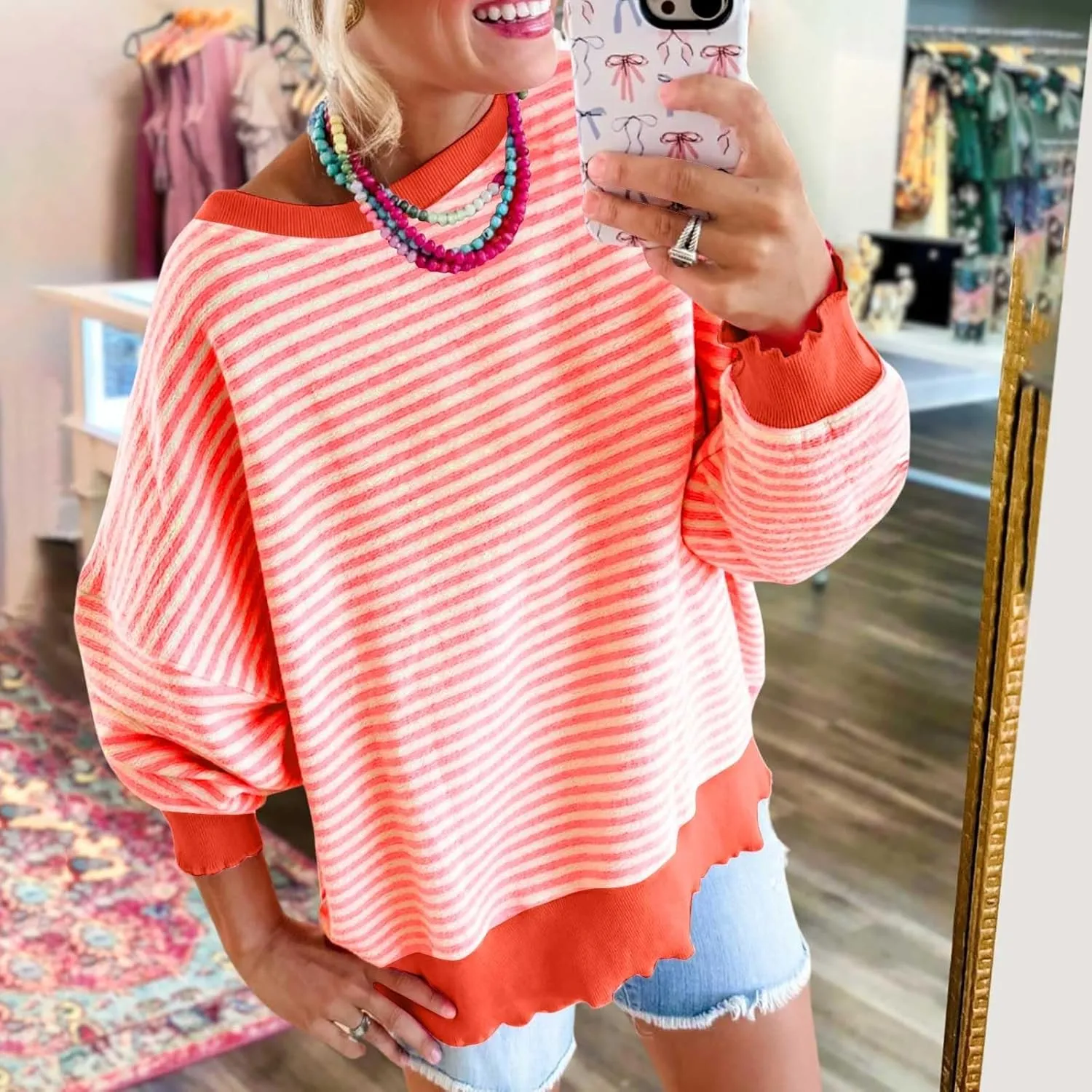 Therubyskyboutique Women Cozy Striped Oversized Sweatshirt,Long Sleeve Crewneck Hoodies PulloverY2K Shirt Top