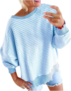 Therubyskyboutique Women Cozy Striped Oversized Sweatshirt,Long Sleeve Crewneck Hoodies PulloverY2K Shirt Top