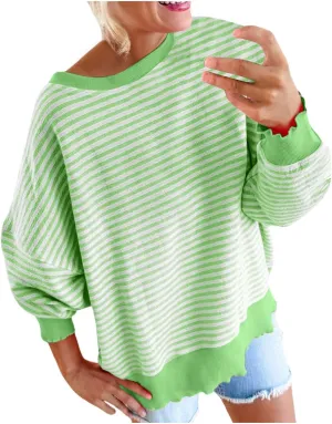 Therubyskyboutique Women Cozy Striped Oversized Sweatshirt,Long Sleeve Crewneck Hoodies PulloverY2K Shirt Top