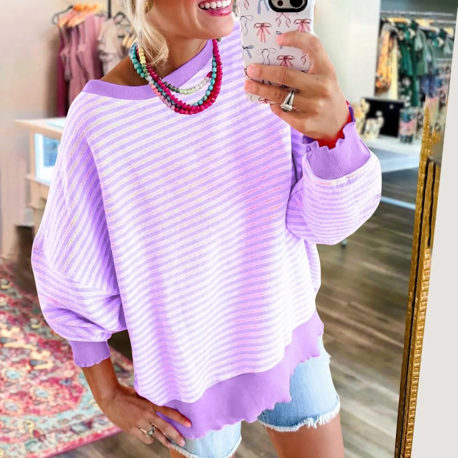 Therubyskyboutique Women Cozy Striped Oversized Sweatshirt,Long Sleeve Crewneck Hoodies PulloverY2K Shirt Top