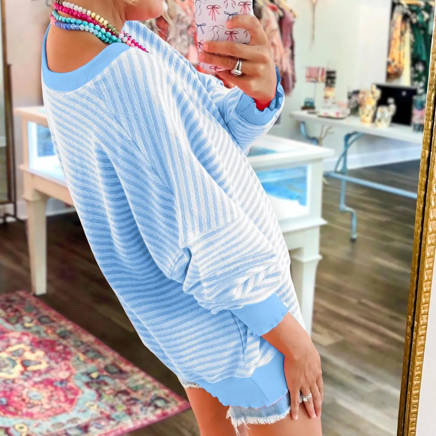 Therubyskyboutique Women Cozy Striped Oversized Sweatshirt,Long Sleeve Crewneck Hoodies PulloverY2K Shirt Top