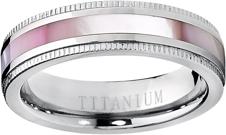Titanium Women's Pink Hues Mother of Pearl Inlaid Band Ring, Comfort Fit, 5mm Sizes 5 to 9
