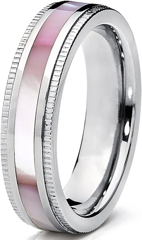 Titanium Women's Pink Hues Mother of Pearl Inlaid Band Ring, Comfort Fit, 5mm Sizes 5 to 9