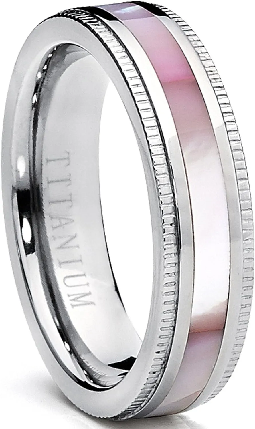 Titanium Women's Pink Hues Mother of Pearl Inlaid Band Ring, Comfort Fit, 5mm Sizes 5 to 9