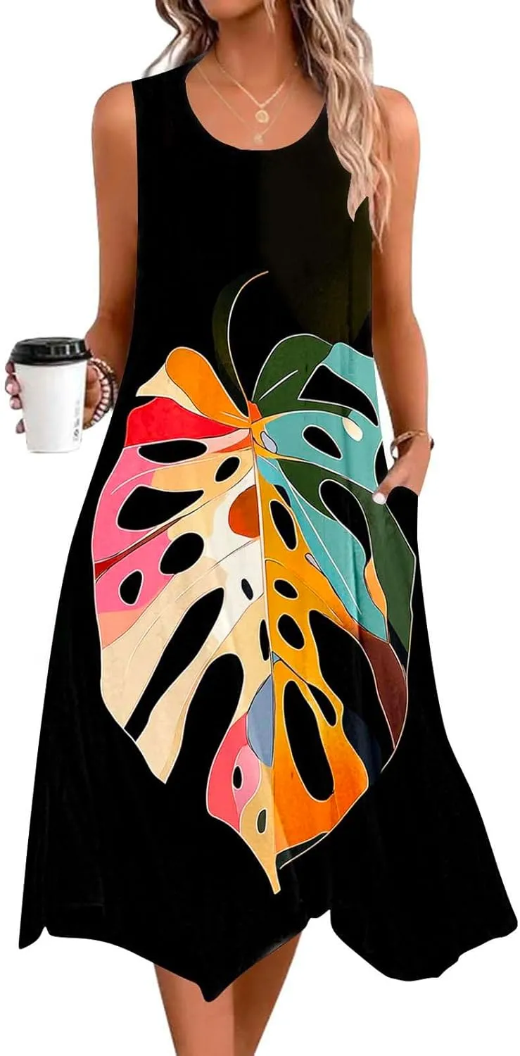 Tropical Print Sleeveless Summer Dresses for Women Casual Beach Sundress Irregular Hem Trendy Midi Dress