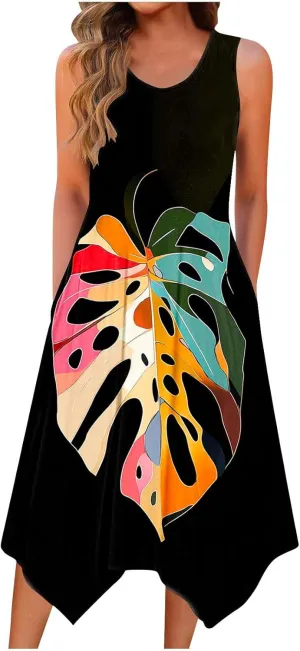 Tropical Print Sleeveless Summer Dresses for Women Casual Beach Sundress Irregular Hem Trendy Midi Dress