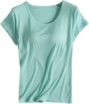 Tshirt with Built in Bra for Women Short Sleeve Plus Size Modal Soft Summer Top Workout Athletic Shirt for Layering
