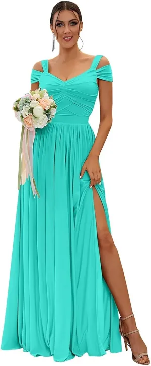Turquoise Off Shoulder Bridesmaid Dress for Women Long Pleated Chiffon A Line Formal Evening Dress with Slit Size 4