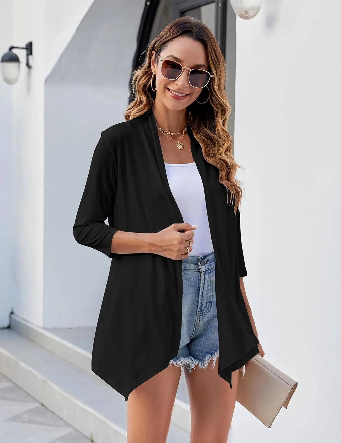 Uvog Women's 3/4 Sleeve Draped Open Front Cardigan Casual Loose Lightweight Cardigans